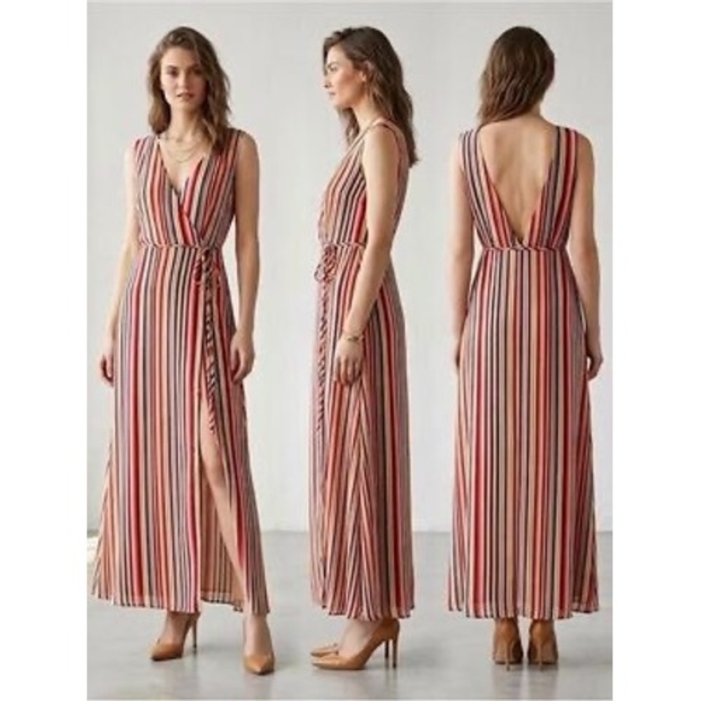 WAYF Striped Maxi Wrap Dress, Small Multicolor V-Neck, 70s resortwear flowy boho